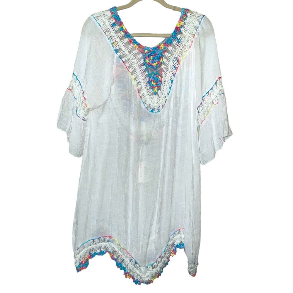 NWT FavLux Open Back Swim Coverup Rainbow Crochet Accents